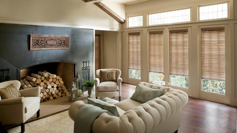Southern California fireplace with blinds